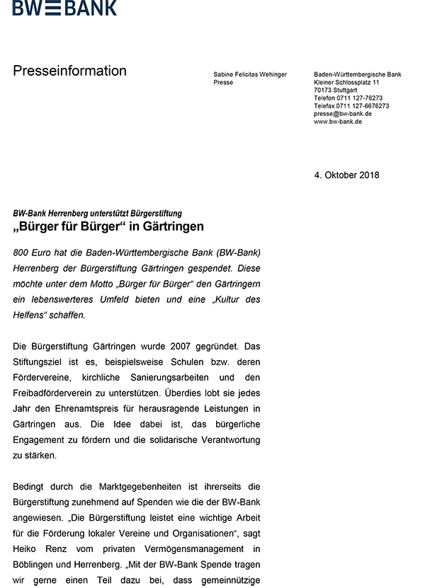 Bw Bank Herrenberg Unterstutzt Burgerstiftung Burger Fur Burger In Gartringen